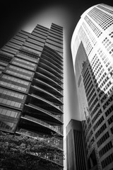 Low angle perspective view in black and white of some major landmarks in Sydney CBD, Australia.