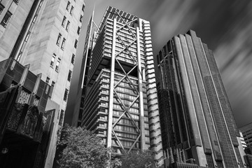 Sydney CBD Skyline in black and white. The iconic towers are showing different styles in modern high rise architecture from successive periods of time.