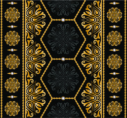 Seamless geometric floral decoration pattern with precious stones, gold chains and pearls.