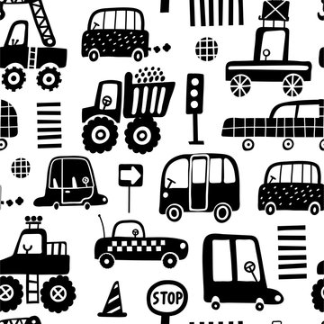 Seamless pattern with cute cars. Cartoon cars, road sign, zebra crossing vector illustration. Black and white background.