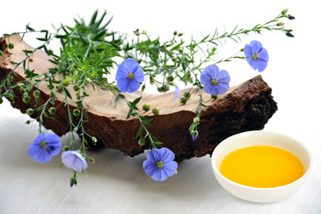 Flax flowers and linseed oil - obrazy, fototapety, plakaty