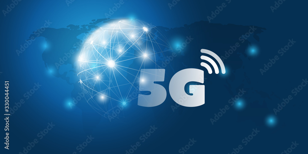 Poster futuristic global 5g mobile networks concept with cluster of glowing nodes and wireframe globe - hig