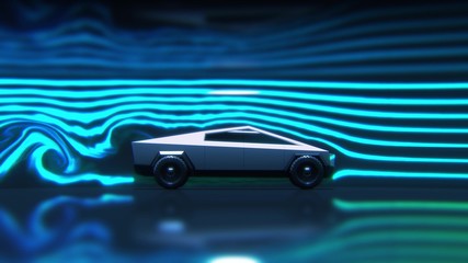 Obraz premium Concept car aerodynamics test in wind tunnel, side view 3d rendering