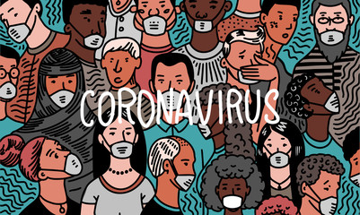 Coronavirus pandemic or COVID-19. Wuhan disease. Crowd of people in antiviral medical masks. Humans infect bacteria. Epidemic. Risk of illness spreading. Quarantine. Severe acute respiratory syndrome