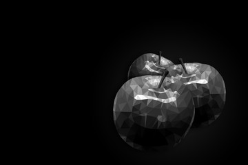 Three monochrome apples on dark background painted in the style of low poly, minimalist style 