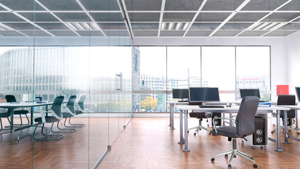 Office interior with large window. 3d illustration