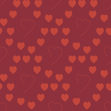 Seamless pattern with great creative red hearts on dark red background for plaid, fabric, textile, clothes, tablecloth and other things. Vector image.
