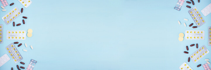 Background with medicines, coronavirus treatment, home treatment and quarantine