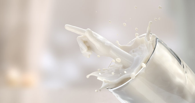 Milk splashes out of the glass into the shape of the hand. 3d rendering, 