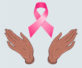 Fight like a girl. Breast Cancer Awareness Month symbol. Vector illustration with black female raised hand and pink ribbon isolated. International health campaign for woman in October.
