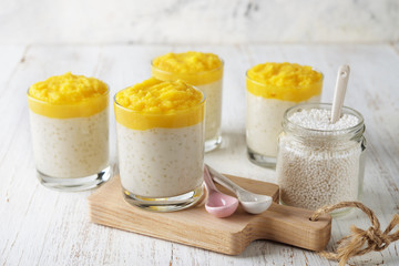 Tapioca pudding with mango puree