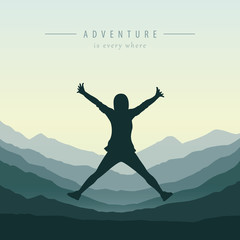 Fototapeta na wymiar young happy girl with raised arms jumps at mountain view adventure design vector illustration EPS10
