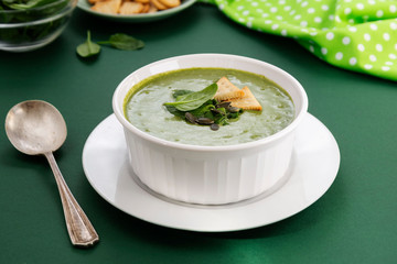 Creamy vegetable soup. Healthy spinach, broccoli vegetarian detox food.