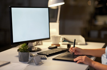 business, design and technology concept - hands of woman or graphic designer with computer and pen...