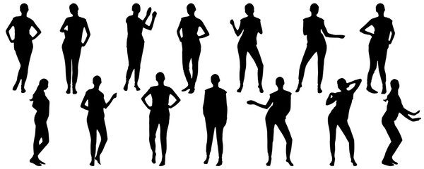 Dancing woman in full growth, set of silhouettes. Vector illustration.