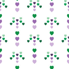 Seamless pattern with great violet and green hearts on white background for plaid, fabric, textile, clothes, tablecloth and other things. Vector image.