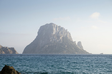 Sunset from Cala D Hort with Es Vedra island Ibiza Balearic islands Spain on June 20, 2019