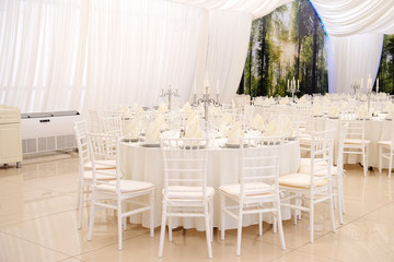 Wide angle view of wedding reception restaurant