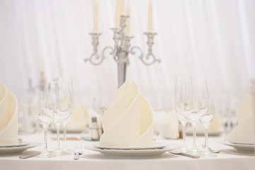 Close up view of wedding reception restaurant table