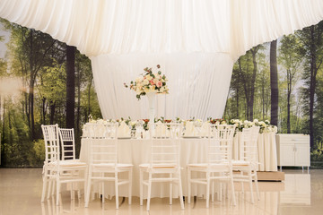 Wide angle view of wedding reception restaurant