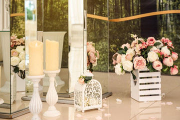 Interior elegant luxury wedding decoration photo zone.