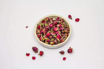 Traditional Turkish rose bud tea isolated on white background