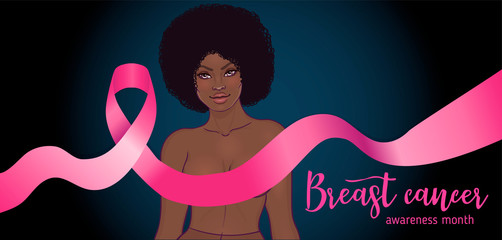 October: Breast Cancer Awareness Month, annual campaign to increase awareness of the disease. African American woman with breast cancer awareness pink ribbon, vector illustration health, medicine