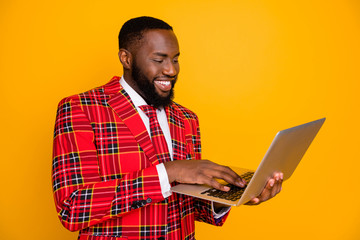 Photo of attractive dark skin business guy hold notebook writing corporate message sms inform good...