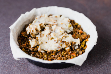 vegan shepherd's pie with lentils and mash potatoes in the making