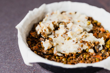 vegan shepherd's pie with lentils and mash potatoes in the making