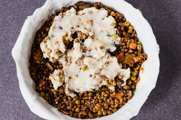 vegan shepherd's pie with lentils and mash potatoes in the making