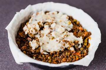 vegan shepherd's pie with lentils and mash potatoes in the making