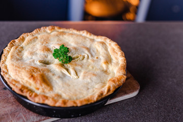 vegan shepherd's pie with lentils and mash potatoes out of the oven
