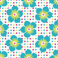 Tropical flower seamless vector pattern background. Hand drawn blooms exotic design. Modern bright florals on dotted backdrop. Hot summer all over print for tropic vacation and wedding resort concept.
