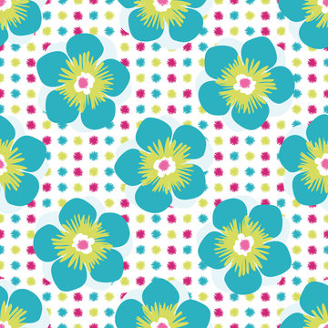 Tropical flower seamless vector pattern background. Hand drawn blooms exotic design. Modern bright florals on dotted backdrop. Hot summer all over print for tropic vacation and wedding resort concept.