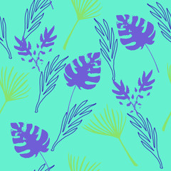 Fototapeta premium Funky Tropical Vector Seamless Pattern. Banana Leaves Monstera Dandelion Feather Tropical Seamless Pattern. 