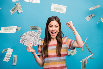 Close-up portrait of her she nice lovely lucky cheerful cheery glad girl holding in hand fan us...