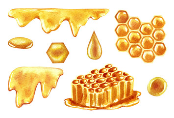 Watercolor set of honey drops, honeycomb, isolated on white.
