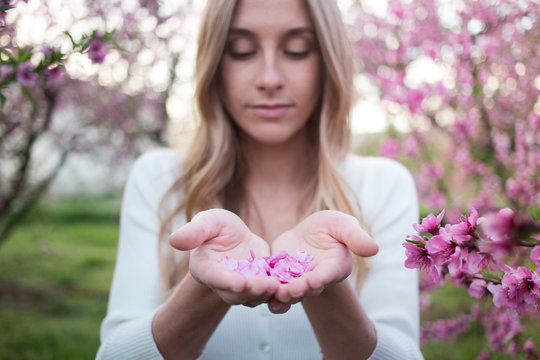 Young blonde woman in park or garden with pink trees in blossom. Pretty beautiful female holds flower petals in palms of hands. Tender spring concept, romantic and sensual