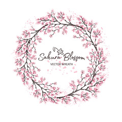 Sakura japan cherry branch of wreatht with blooming flowers watercolor style vector illustration.