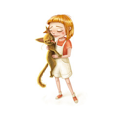 Digital illustration of little girl with funny cat isolated on white background