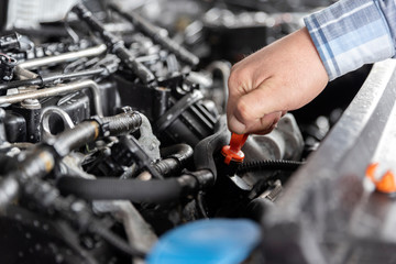 Checking oil in car engine.