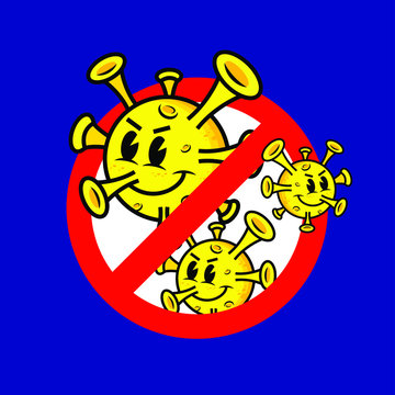2019 coronavirus character, cartoon, dont panic, vector illustration, prohibition sign, stop