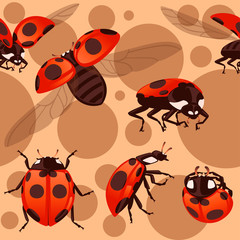 Seamless pattern ladybug with open shell and wings flying beetle cartoon bug design flat vector illustration on brown dotted background