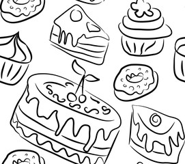 Sweet doodle pattern with cupcakes, cakes, candies and cones. hand drawn seamless pattern.