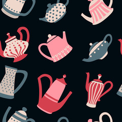Seamless pattern of colored teapots flat vector illustration on dark background