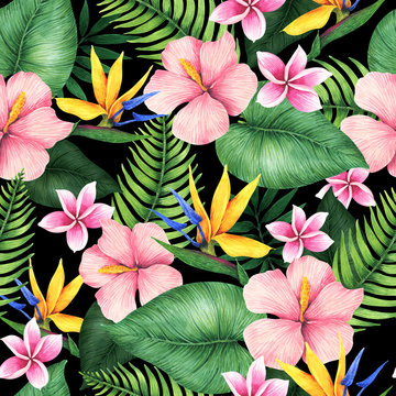 Seamless floral pattern of tropical flowers and leaves. Botanical wallpaper illustration in Hawaiian style	