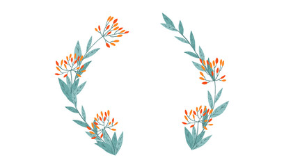 Frame right and left hand drawn tree branches with leaves and berries botanical flowers floral hand drawn scandinavian style art design element flat vector illustration