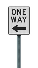 Vector illustration of the One Way vertical left arrow road sign on metallic green post (easily editable to right arrow) © Thomas Pajot