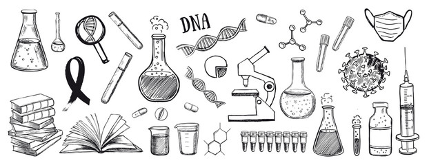 Laboratory research vector hand drawn icons set. Coronavirus, dna, blood test.  © Tatiana